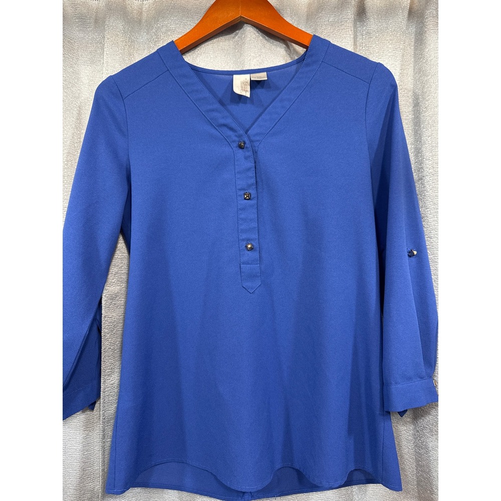 Anthropologie Women Cobalt Blue V-Neck Roll Tab Sleeve Studded Blouse Small